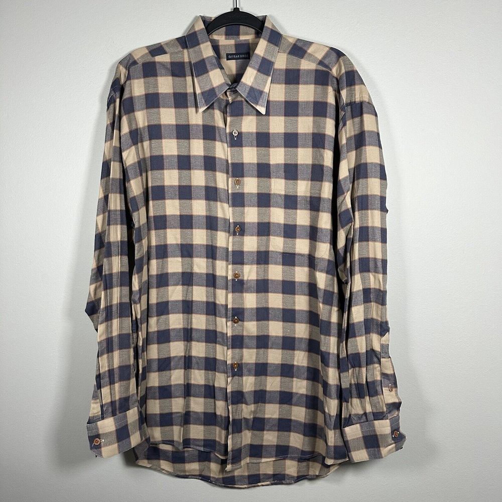 Gitman Bros. Large‎ Navy Blue Khaki Plaid Long Sleeve Button Up Shirt